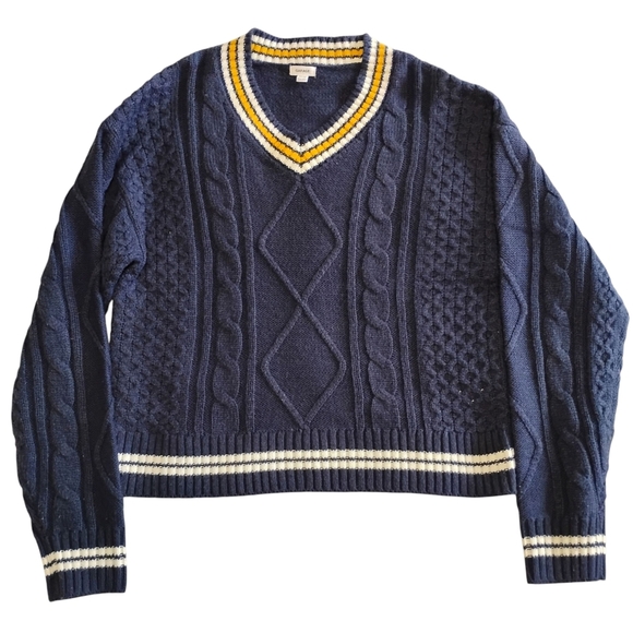 Garage | Woman's Navy Collegiate V Neck Cable Knit Yacht Club Sweater | Size XS - Picture 2 of 10